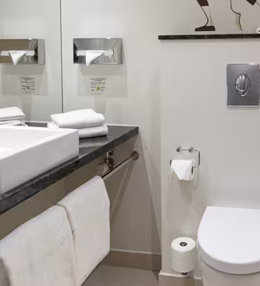 Moderne badeværelse med håndvask og stort spejl til venstre, med sort bordplade og hvide håndklæder. Et toilet med en dobbelt skylleknap er til højre ved siden af en toiletpapirrulle på gulvet. Minimalistisk indretning inkluderer stiliseret vægkunst.