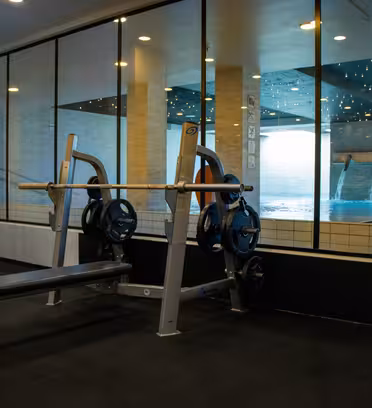 Et fitnesscenter med en vægtbænk og et vægtstangssæt, placeret foran store glasvinduer. Vinduerne afslører en indendørs pool med vandfald, hvilket skaber en fredfyldt atmosfære. Rummet er godt oplyst med ovenlys.